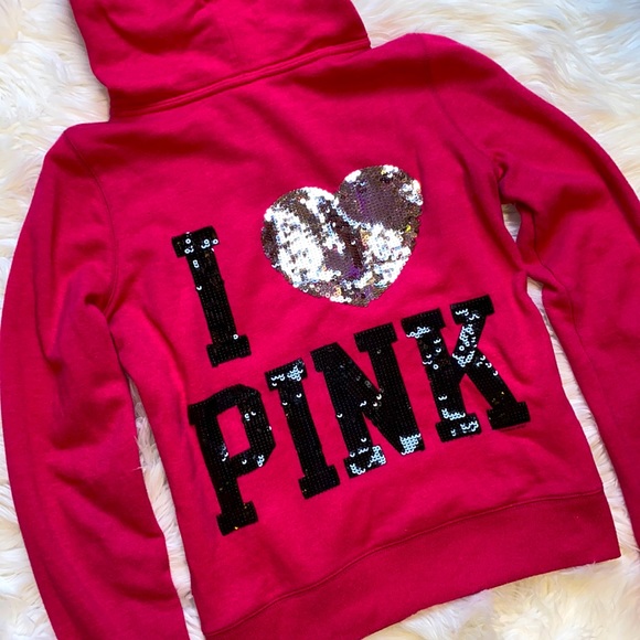 HP🛼[ VS PINK ] Old School Sequin Bling I Love Pink Hoodie - Picture 1 of 9